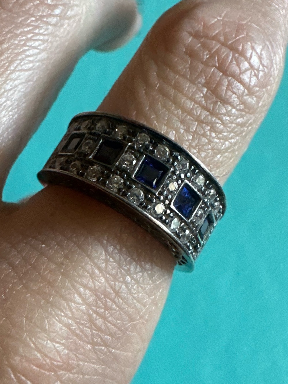 Vintage Sterling Faux Sapphire And Diamond Ring Size 6